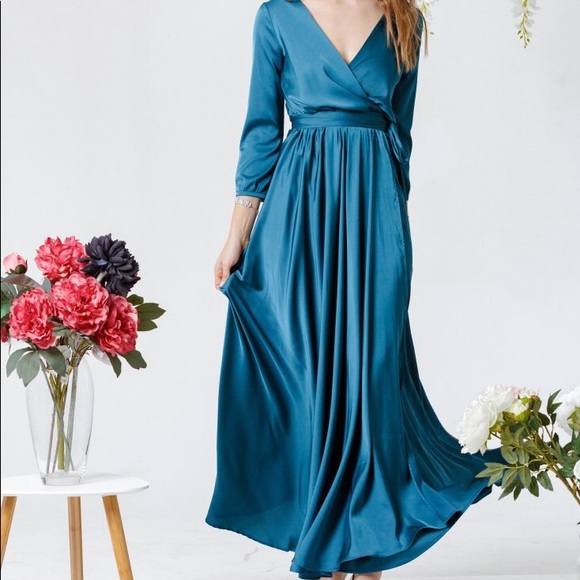 ❗️NEW❗️Aquamarine Bridesmaid Silk Wrap Maxi Dress - Picture 8 of 8